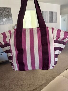 PINK Victoria's Secret Pink and Purple Striped Canvas Tote